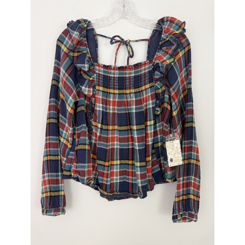 We the FREE PEOPLE New Siena Plaid Pullover TOP Small Babydoll Teal Country $118 - Picture 11 of 16